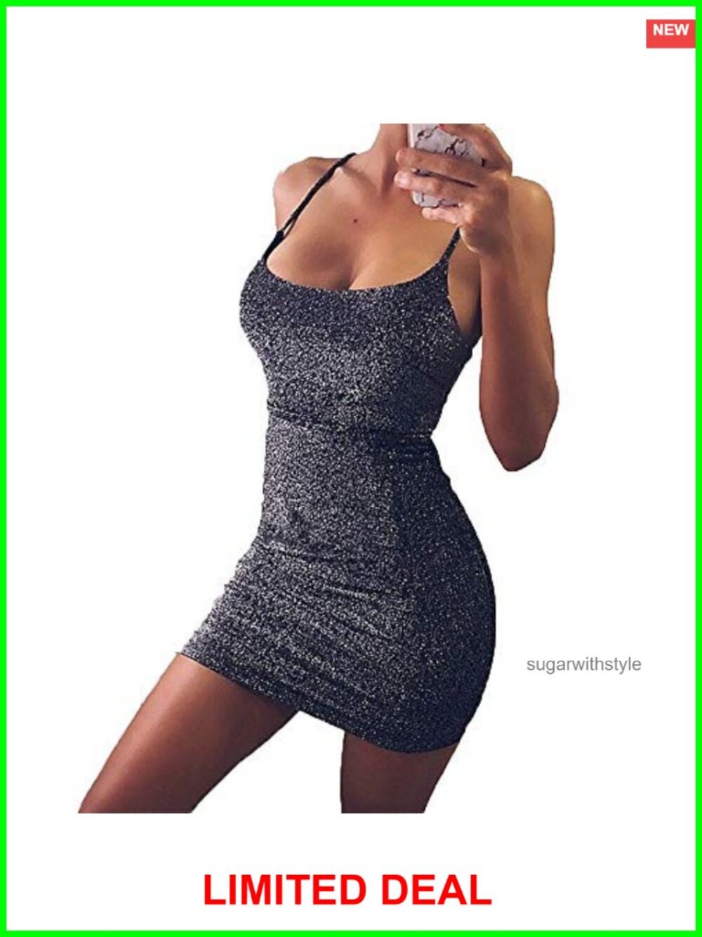 Glitter Spaghetti Strap Lace Up Backless Bodycon Mini Club Dress